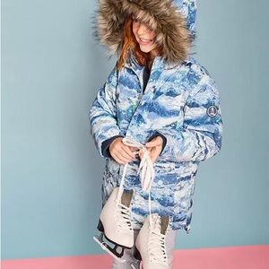 LANDS END Blue Patterned Winter Coat with Fur Hood